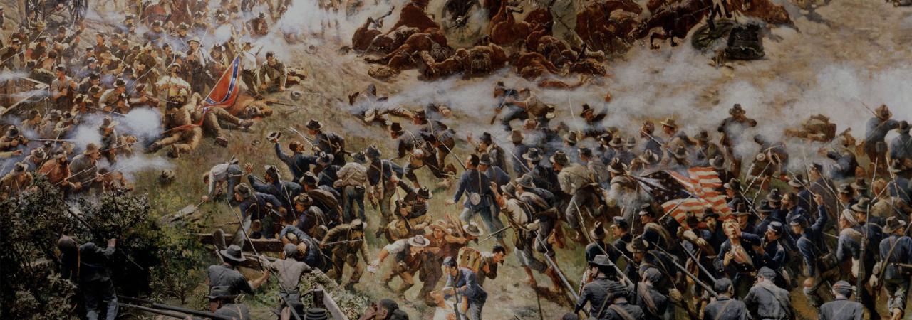 A painting of a forces engaging at the Civil War Battle of Atlanta