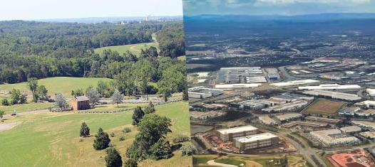A photo of Manassas National Battlefield Park next to a photo of sprawling data center development in Loudon County.