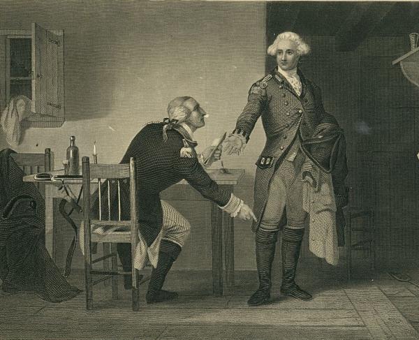 Treason of Arnold Arnold persuades Andre to conceal the papers in his boot - painted by C.F. Blauvelt