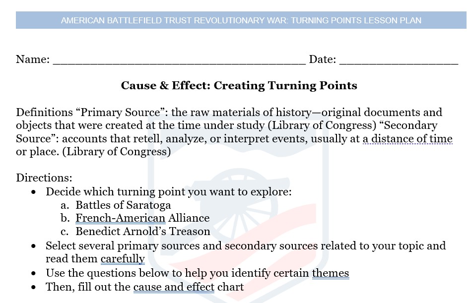 Revolutionary Turning Points Lesson Plan Worksheet