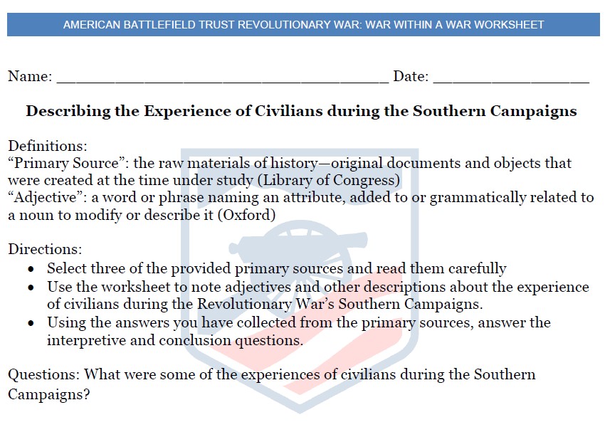 War Within a War Lesson Plan Worksheet