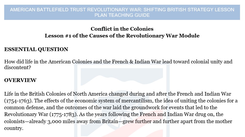 Conflict in the Colonies Lesson Plan Teaching Guide