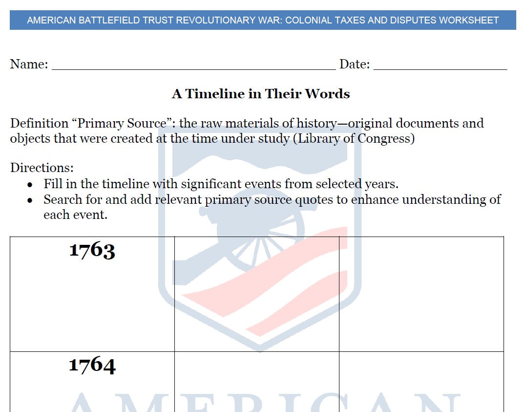 Colonial Taxes and Disputes Lesson Plan Worksheet