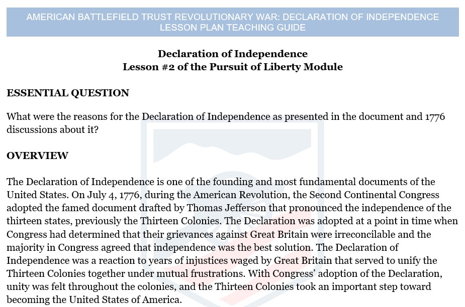 Declaration of Independence Lesson Plan Teaching Guide