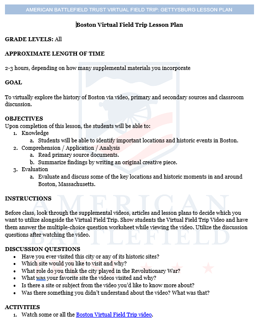 Boston Virtual Field Trip Lesson Plan Guide