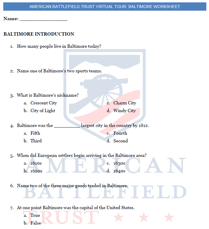 Baltimore Virtual Field Trip Worksheet