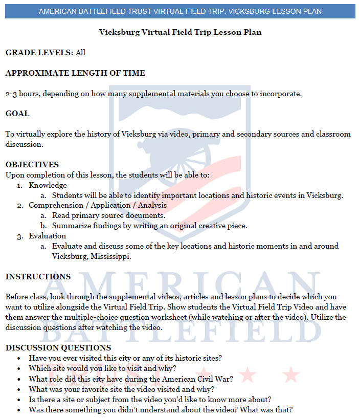 Vicksburg Virtual Field Trip Lesson Plan Guide