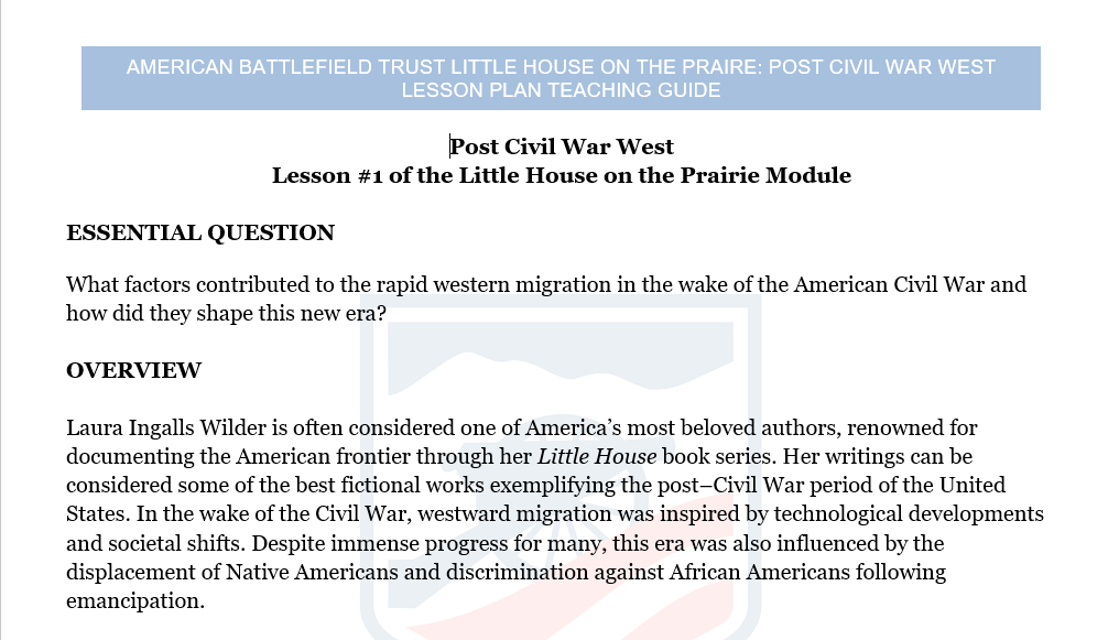 Little House on the Prairie-Post Civil War West Lesson Plan Teaching Guide