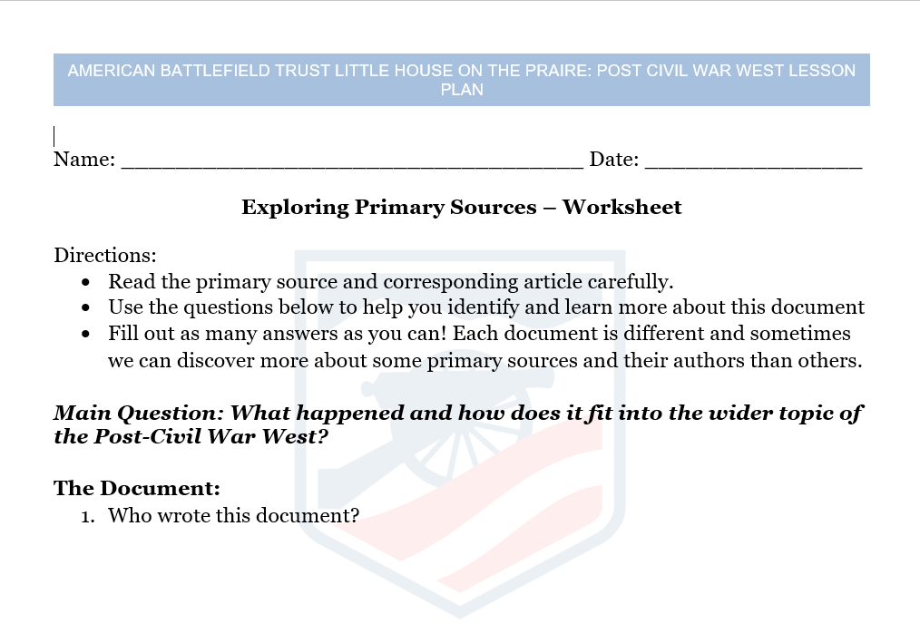 Little House on the Prairie-Post Civil War West Article and Primary Source Worksheet