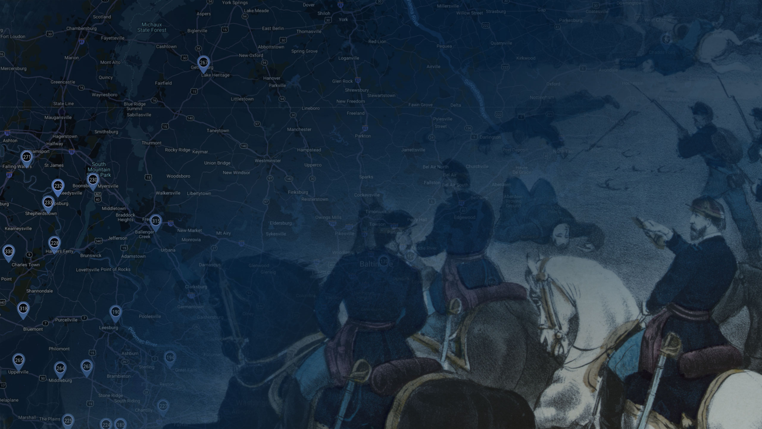 Faded map with illustration of calvary charging in the lower corner