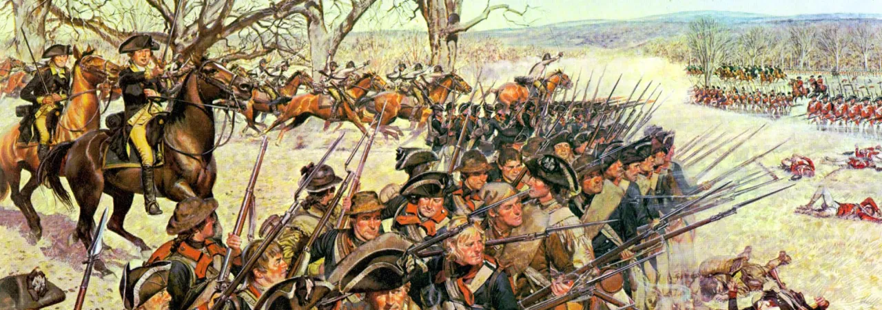 This is an image of troops and cavalries assembling at Guilford Courthouse.