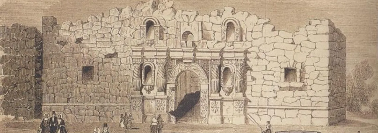 This image displays the siege of the Alamo by Santa Anna's forces in 1836.
