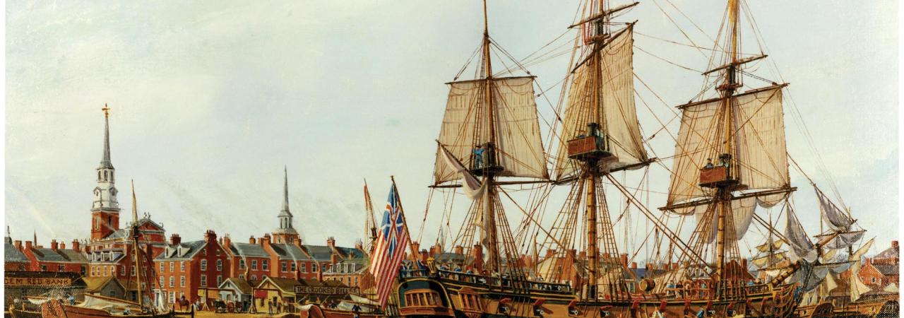 Painting of tall ship with row boats in the foreground and brick buildings in the background