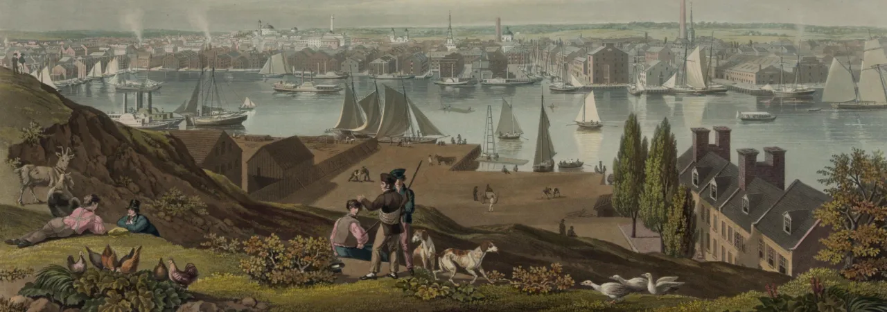This is a painting of ships sailing into Baltimore's harbor.