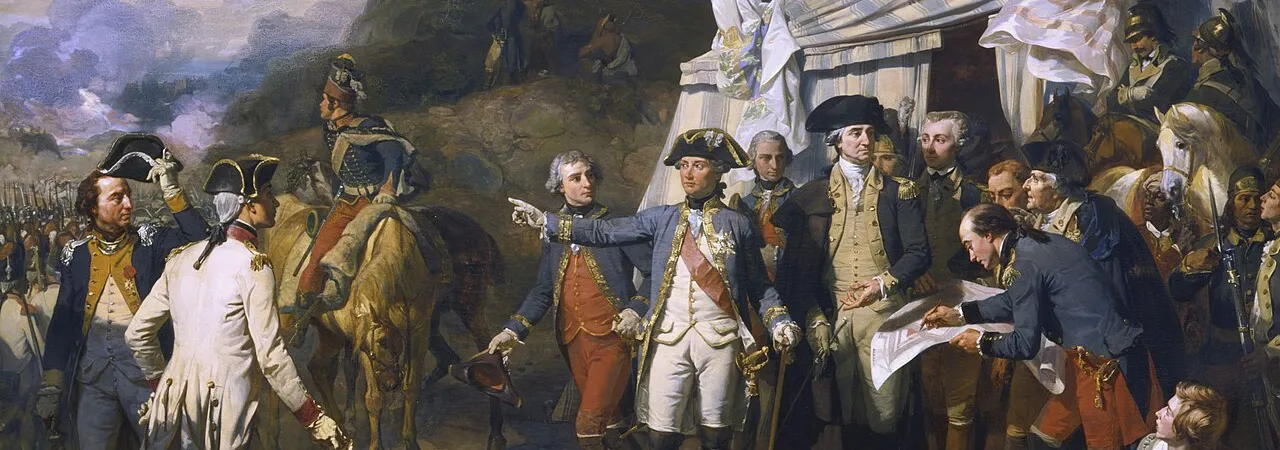 Historical painting depicting George Washington and allied French commanders, including the Comte de Rochambeau and Marquis de Lafayette, during the 1781 Siege of Yorktown.