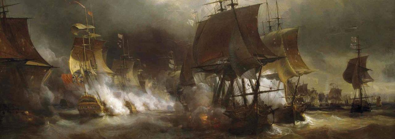 Dramatic painting of tall ships flying French and British flags 