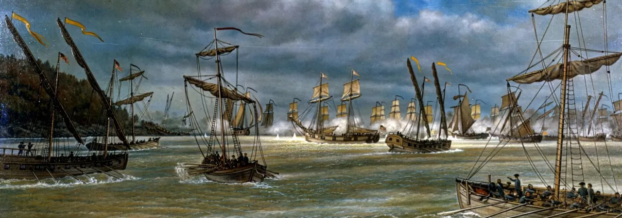 Painting of American and British vessels exchanging fire during the Battle of Valcour Island on Lake Champlain, October 11, 1776.
