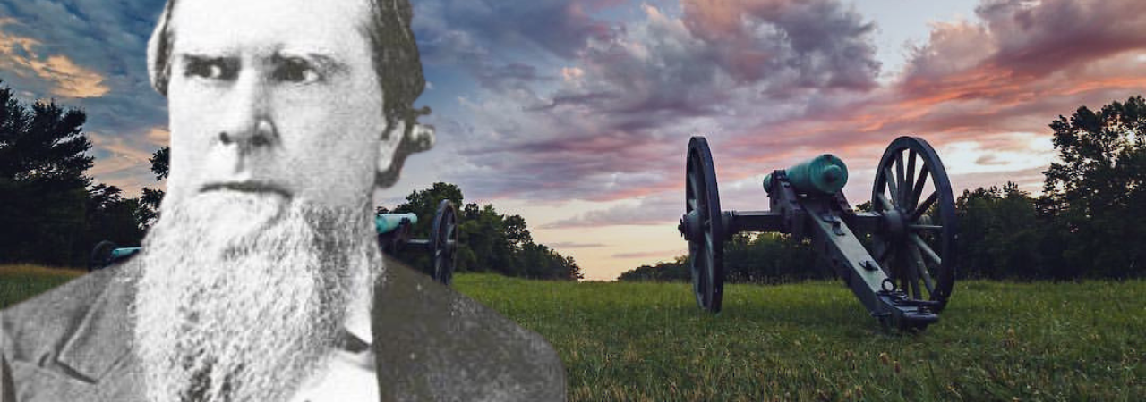 Photo of Beverly Tucker Lacy overlaid on a photo of the Chancellorsville battlefield.