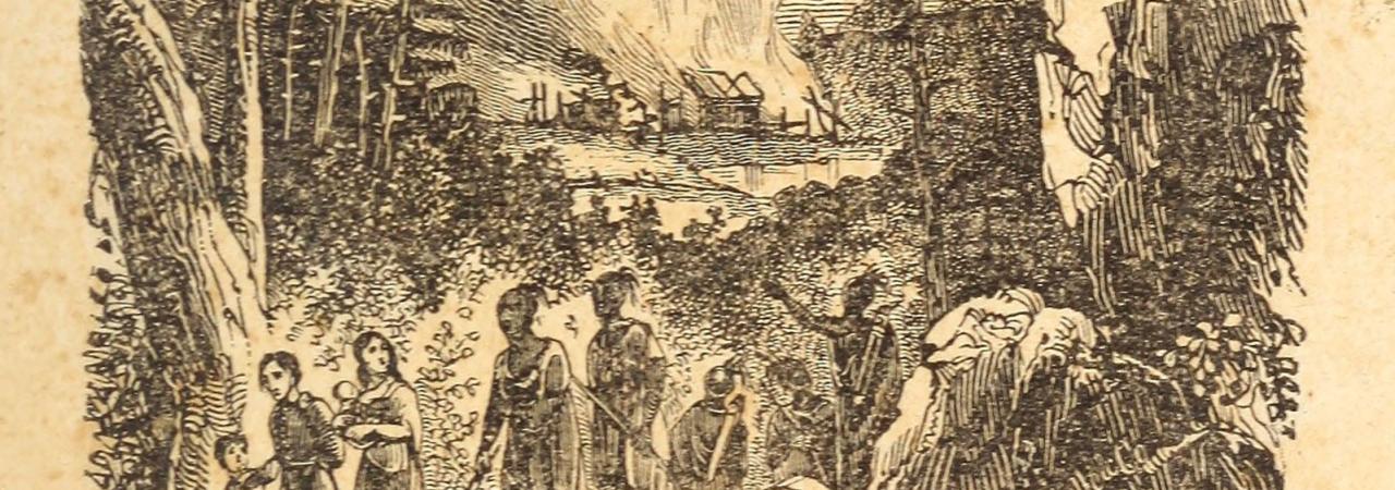 Illustration on sepia toned paper that depicts native Americans walking along a trail in the woods, with a village in the background
