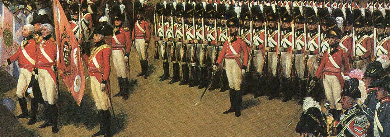 British eighteenth century soldiers lined up for inspection outside