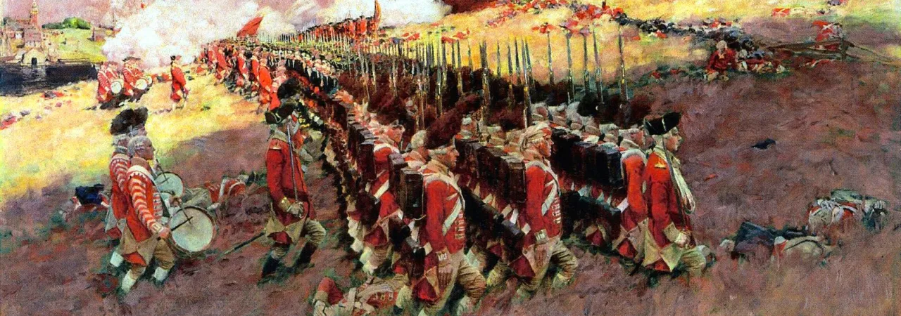 Howard Pyle painting depicting ranks of British soldiers advancing through smoke and heavy fire during the Battle of Bunker Hill.