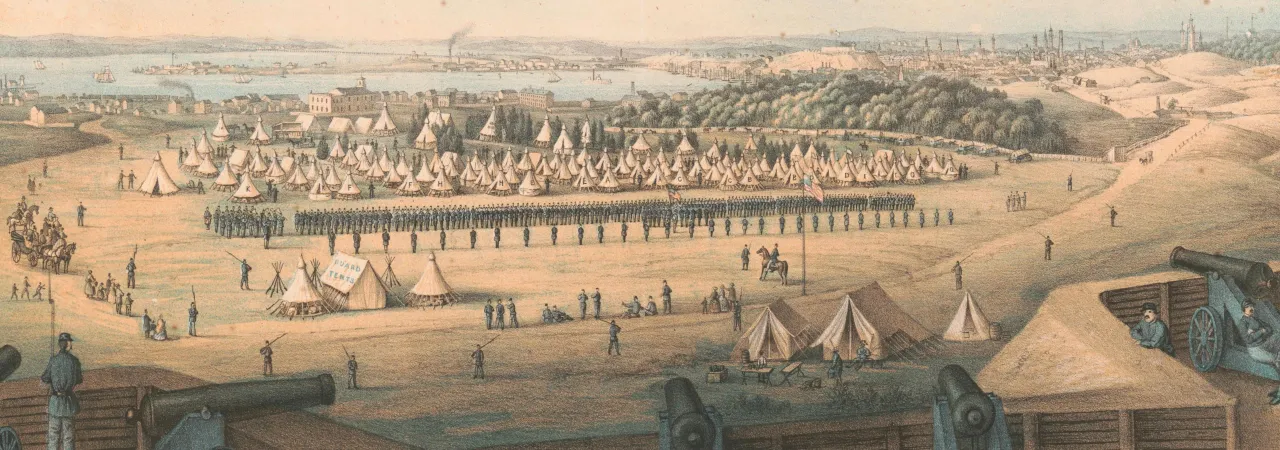 This is a painting of a camp at Baltimore from a distant hilltop.