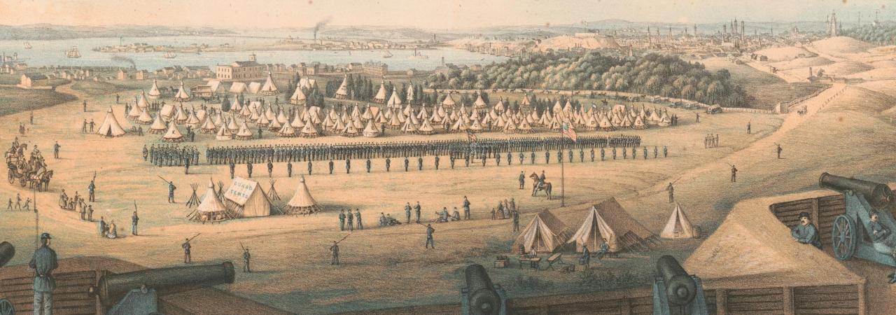 This is a painting of a camp at Baltimore from a distant hilltop. 