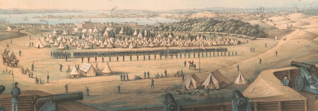 This is a painting of a camp at Baltimore from a distant hilltop.