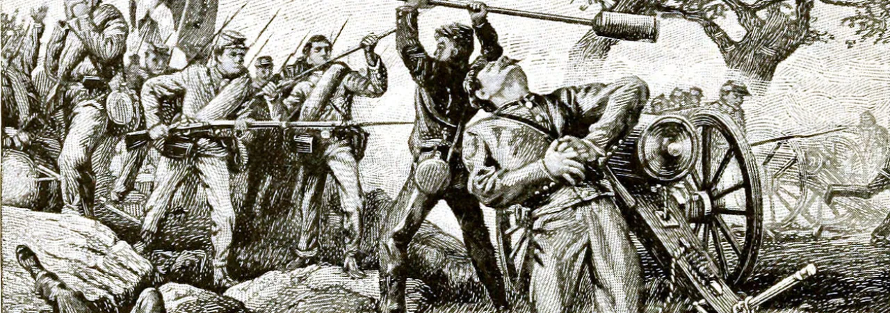 Engraving depicting Virginia Military Institute cadets advancing across the battlefield during the Battle of New Market in 1864.