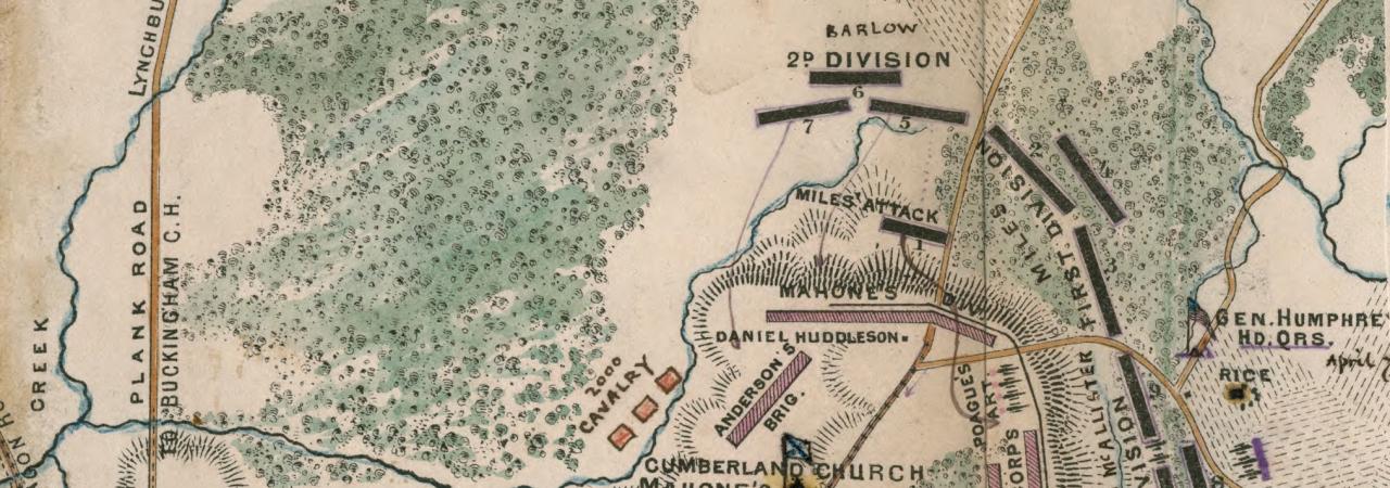 Map shows the locations of troops surrounding Lee's headquarters at Cumberland Church, Va. This was a small skirmish on April 7, 1865, just north of Farmville in Cumberland County, immediately following the action at Highbridge and Rice's Station.