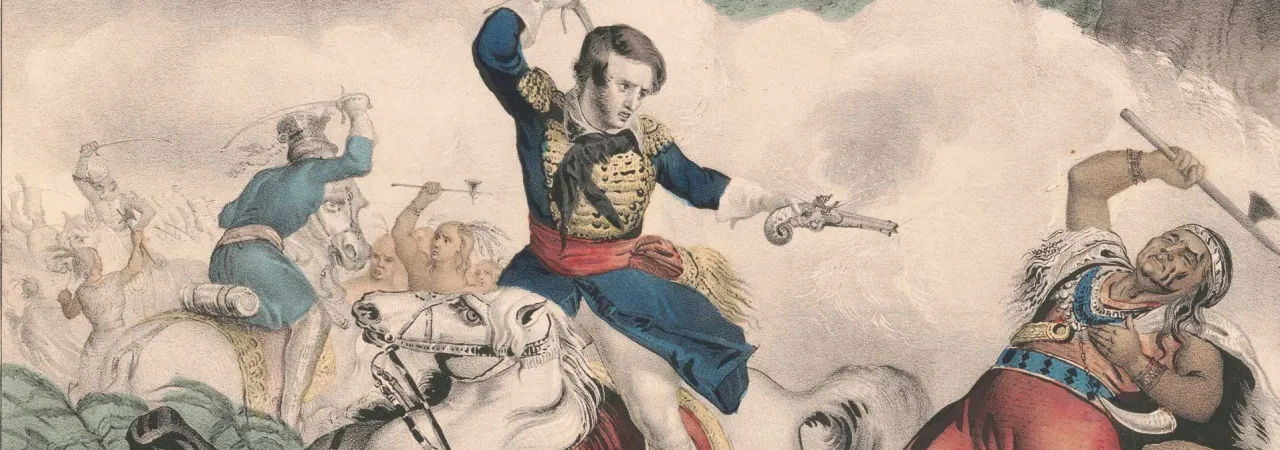 Hand-colored lithograph depicting Col. Richard M. Johnson on horseback firing a pistol at Shawnee leader Tecumseh during the Battle of the Thames in the War of 1812.