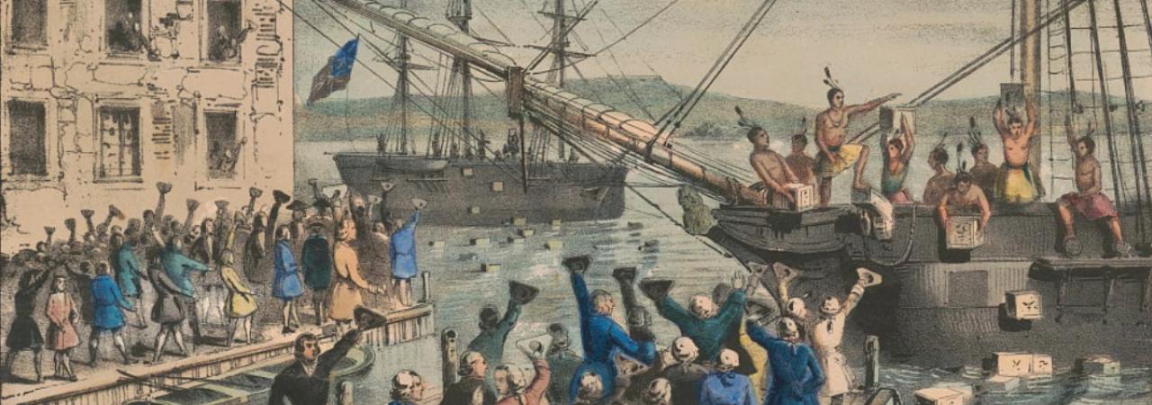 This is an image of colonial civilians dumping tea from a ship into Boston Harbor. 