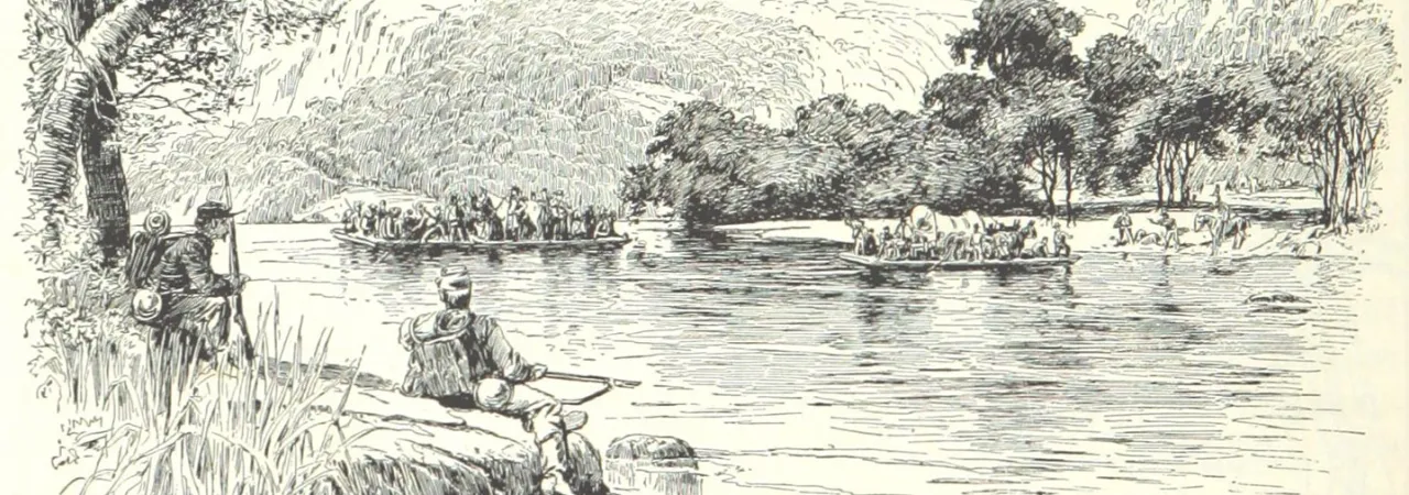 Illustration depicting Confederate troops under Brig. Gen. John B. Floyd crossing the Gauley River during their retreat following the Battle of Carnifex Ferry in 1861.