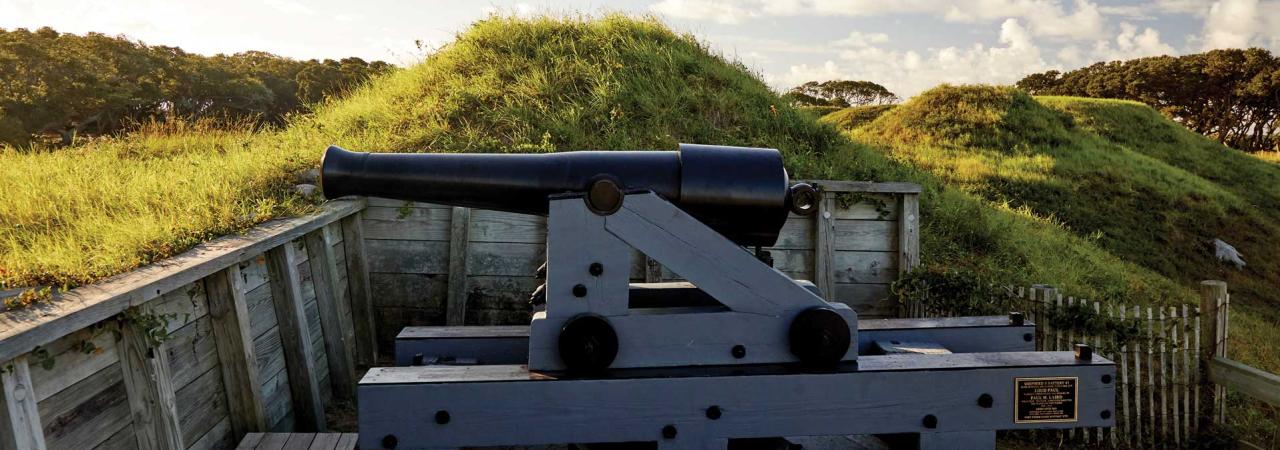 A rifled and banded 32-pounder cannon at Shepard's Battery, Fort Fisher State Historic Site, Kure Beach, N.C.