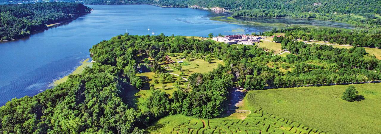 An aerial view of Fort Ticonderoga and Lake Champlain