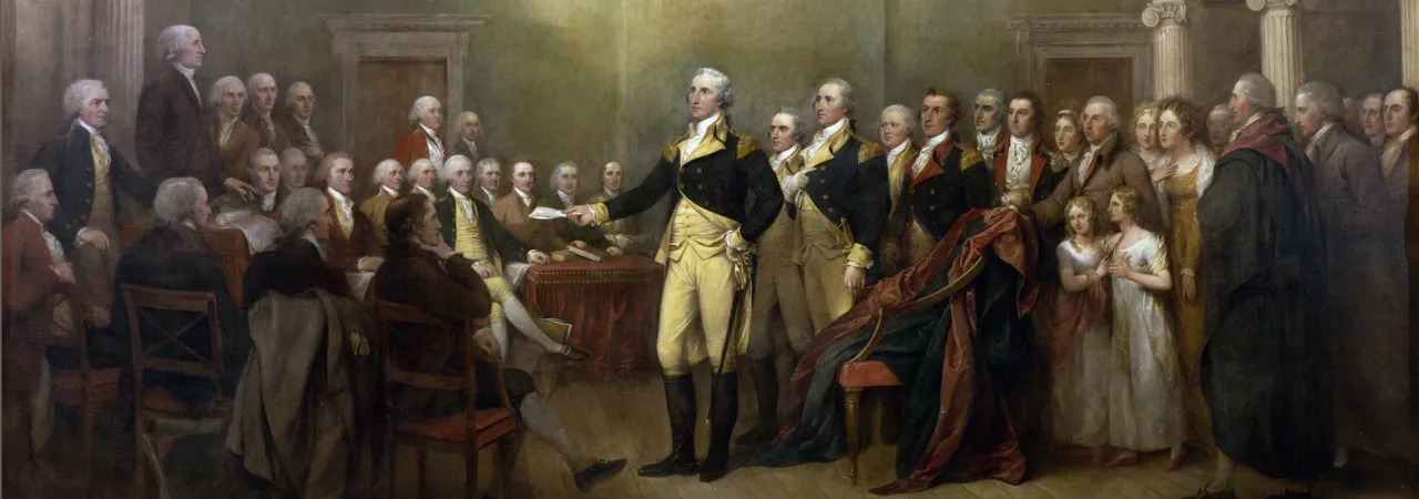 George Washington stands before members of Congress in the Maryland State House in Annapolis to resign his commission as commander in chief of the Continental Army.