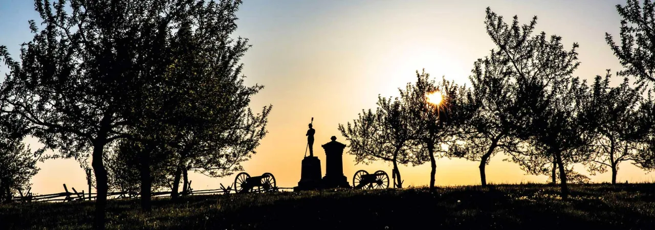 A monument stands silhouetted between two cannons amid peach trees at sunrise.