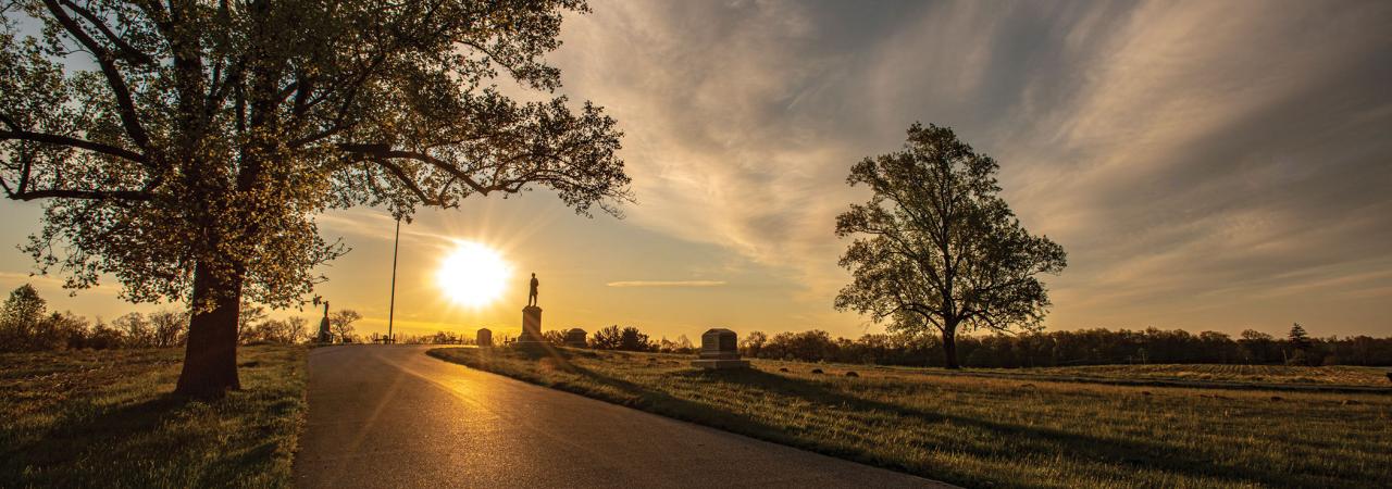 Sun rises and reflects on the pavement of a street flanked with trees and monuments in the distance