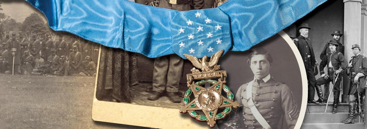 AN array of photos of Medal of Honor winners overlaid with a Medal of Honor