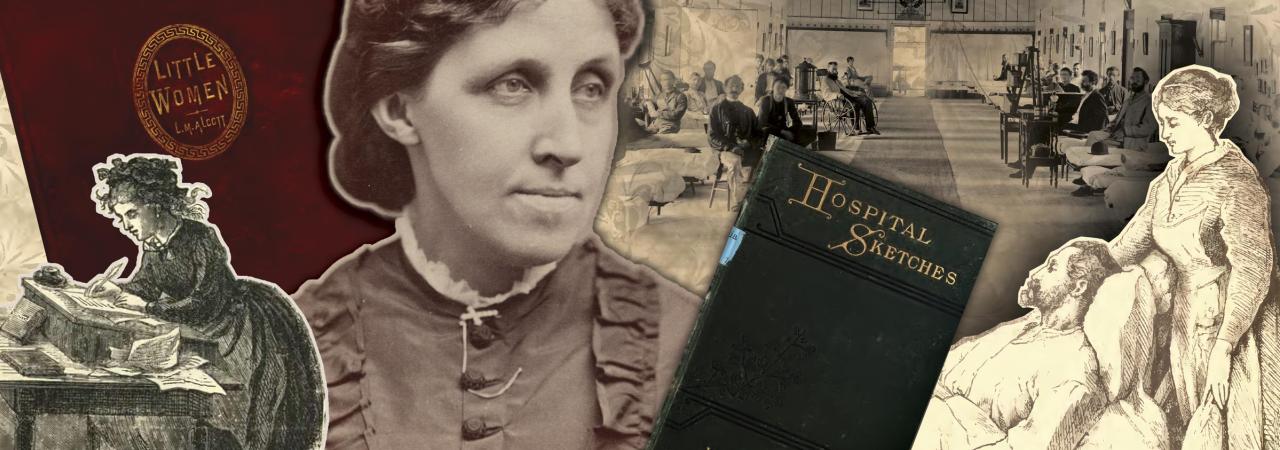 A collage of images related to Louisa May Alcott