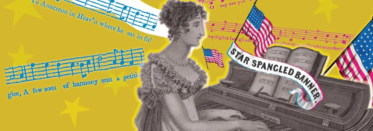 Illustration of a woman playing a piano with sheet music titled 'Star Spangled Banner,' surrounded by American flags and colorful musical notes, including excerpts from 'To Anacreon in Heaven,' the melody on which the national anthem was based