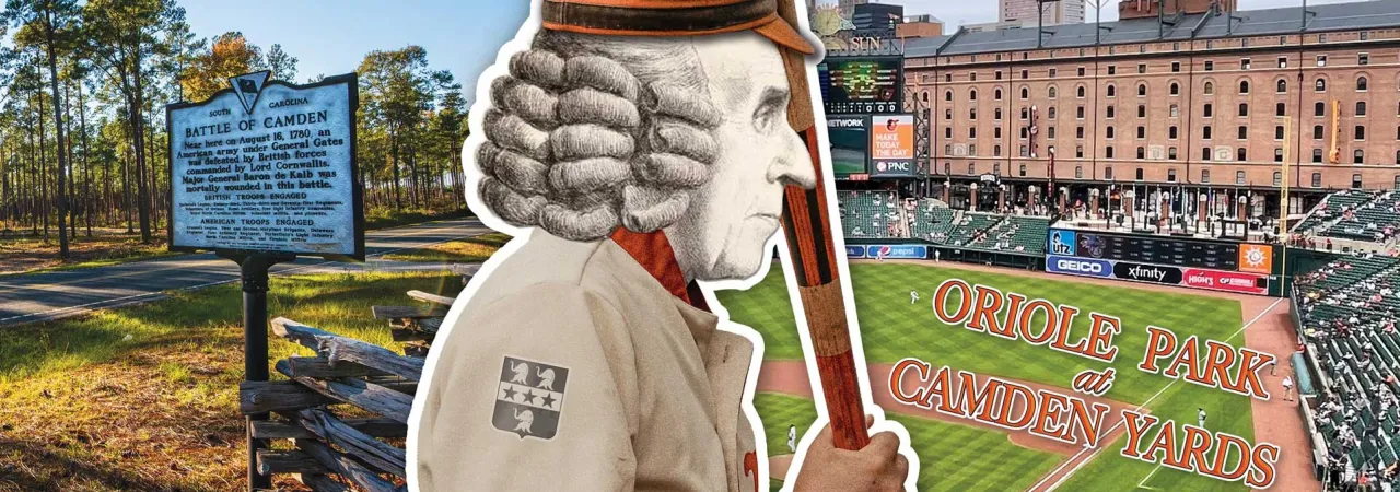A collage of Camden Battlefield, Charles Pratt in a baseball uniform, and Oriole Park