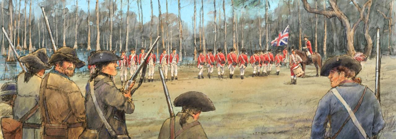An illustration of Patriot and British forces at Halfway Swamp