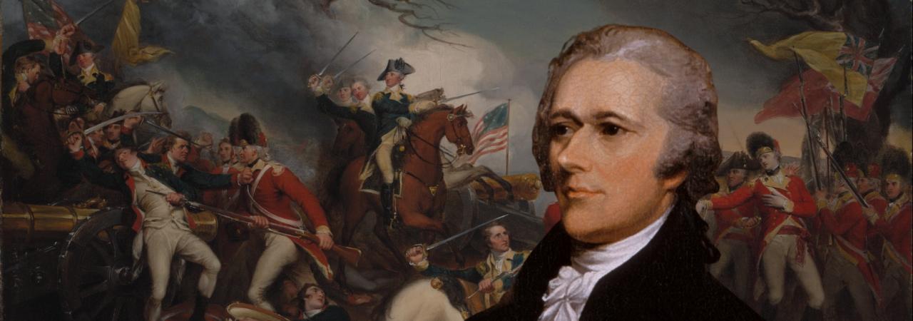 A portrait of Alexander Hamilton stitched on top of a painting of the Battle of Princeton