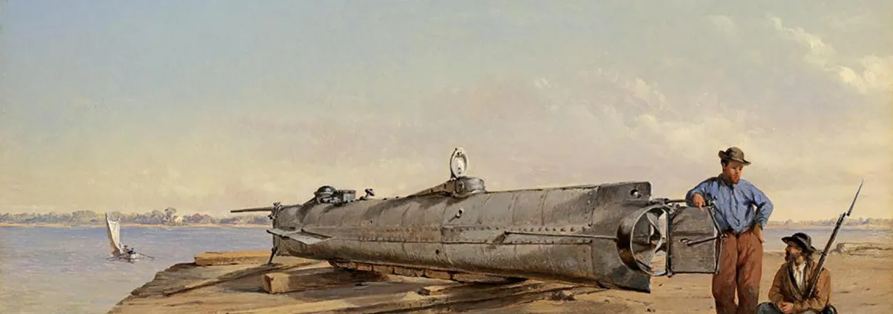 A metal submarine is shown on a dock with two men in this color illustration.