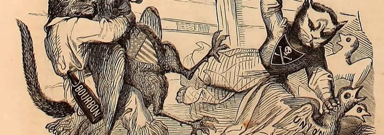 Political cartoon depicting Kentucky Governor Beriah Magoffin's neutrality policy during the Civil War, with Uncle Sam restraining the governor while Confederate President Jefferson Davis, portrayed as a cat, attacks the nation's chickens.