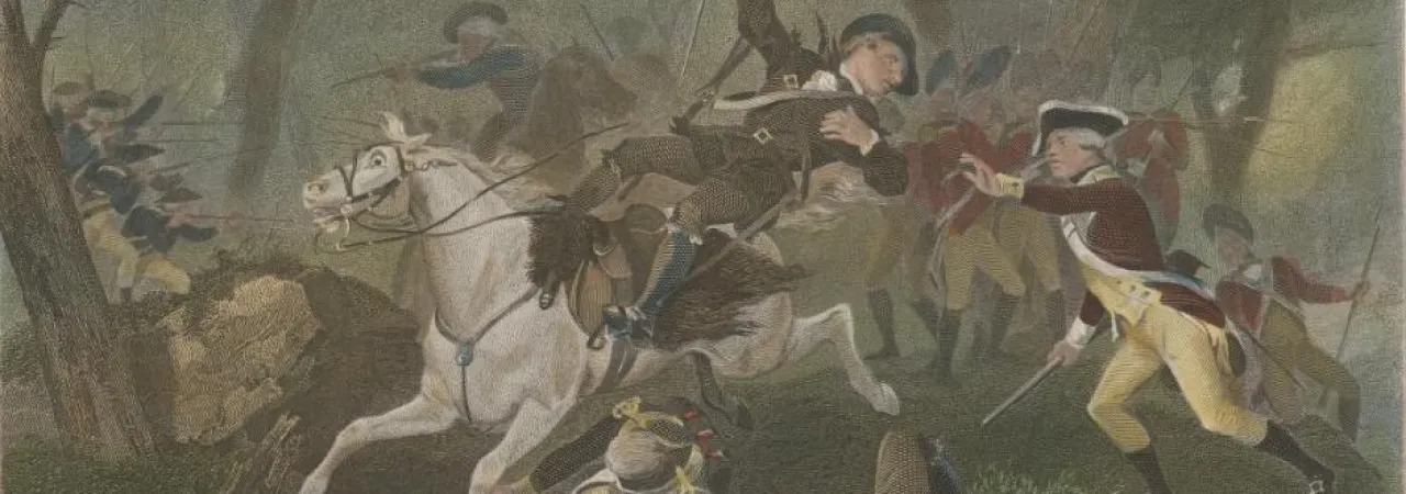 Engraving depicting the death of British Major Patrick Ferguson at the Battle of Kings Mountain during the American Revolutionary War, October 7, 1780.