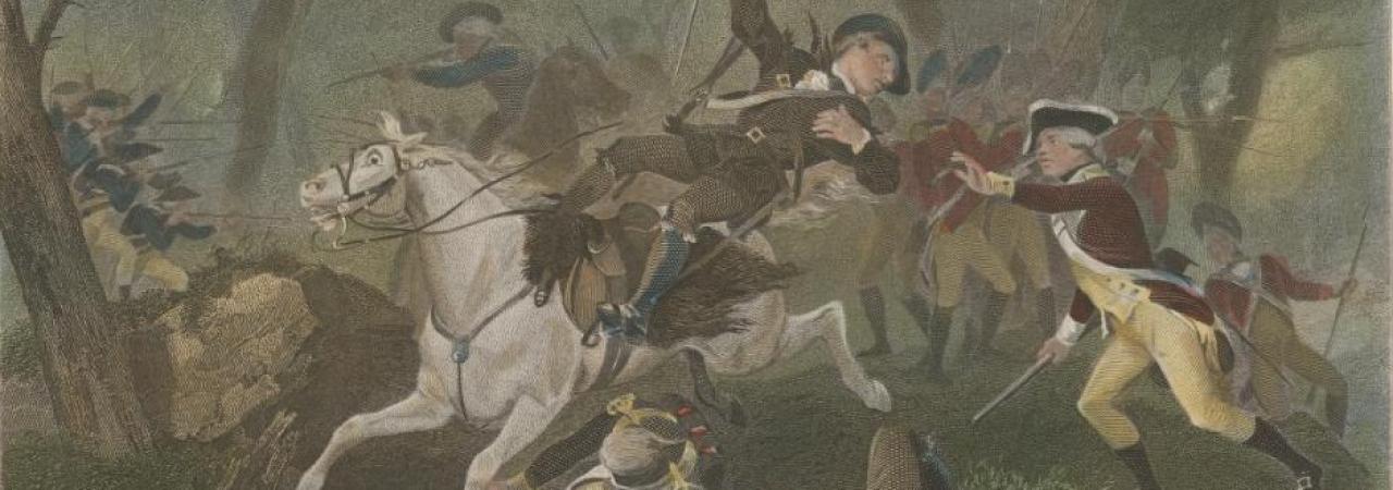 Engraving depicting the death of British Major Patrick Ferguson at the Battle of Kings Mountain during the American Revolutionary War, October 7, 1780.