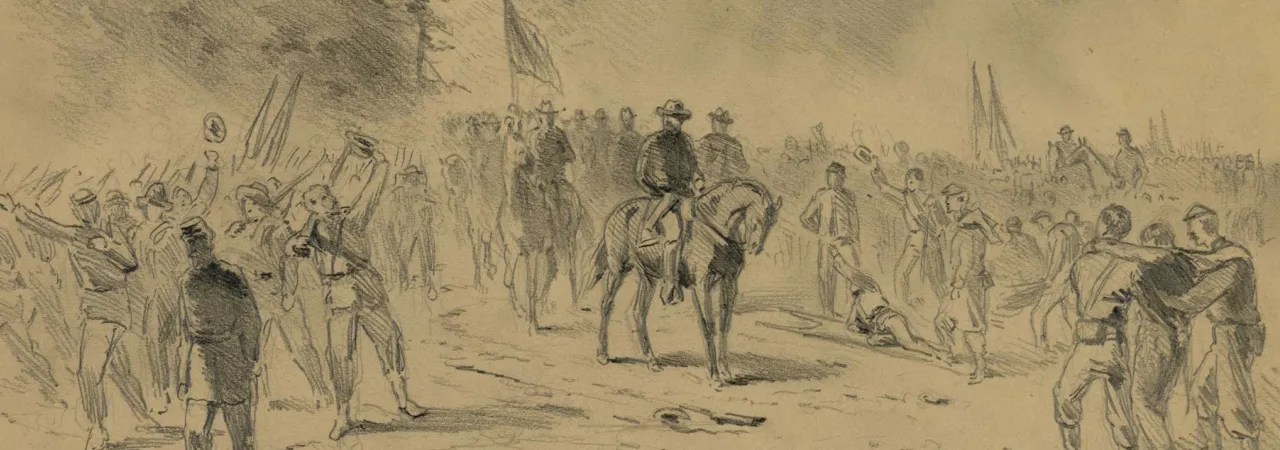 Civil War field sketch depicting General Ulysses S. Grant and Union troops during the Wilderness Campaign in Virginia.