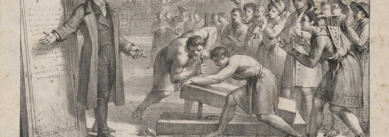 The lithograph depicts the Marquis de Lafayette laying the cornerstone of the Bunker Hill Monument on June 17, 1825, during the 50th anniversary commemoration of the battle.